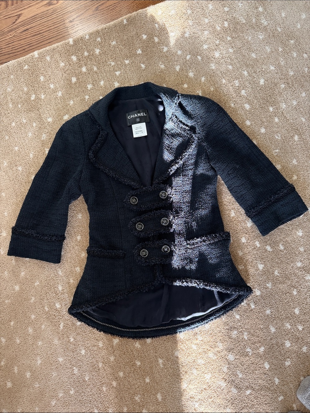 Vintage Chanel Tweed Blazer Jacket, Navy, size 40, silk-lined
